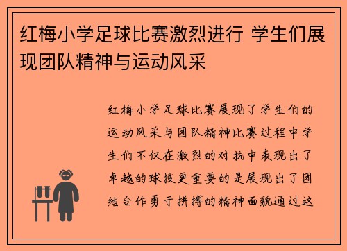 红梅小学足球比赛激烈进行 学生们展现团队精神与运动风采
