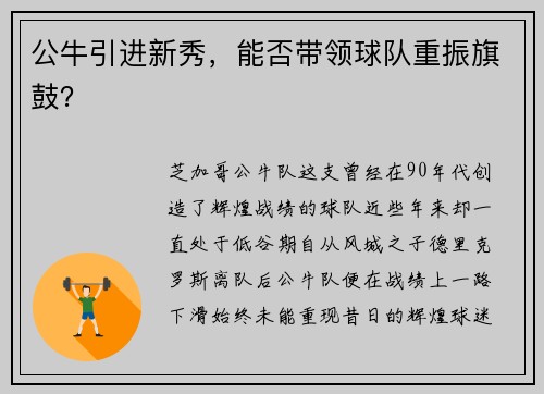 公牛引进新秀，能否带领球队重振旗鼓？
