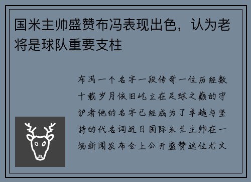 国米主帅盛赞布冯表现出色，认为老将是球队重要支柱