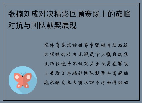张楠刘成对决精彩回顾赛场上的巅峰对抗与团队默契展现