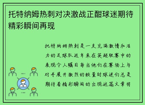 托特纳姆热刺对决激战正酣球迷期待精彩瞬间再现
