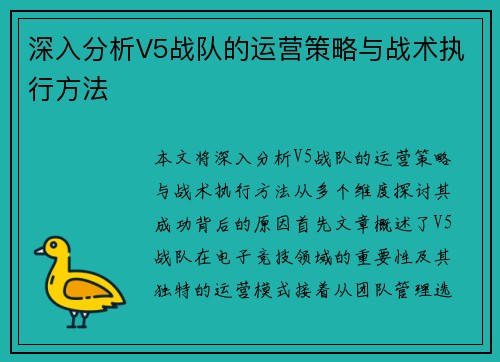 深入分析V5战队的运营策略与战术执行方法