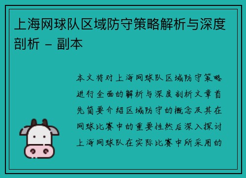 上海网球队区域防守策略解析与深度剖析 - 副本