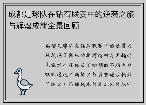 成都足球队在钻石联赛中的逆袭之旅与辉煌成就全景回顾
