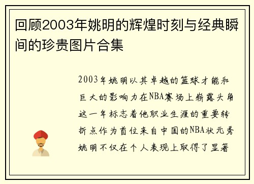 回顾2003年姚明的辉煌时刻与经典瞬间的珍贵图片合集